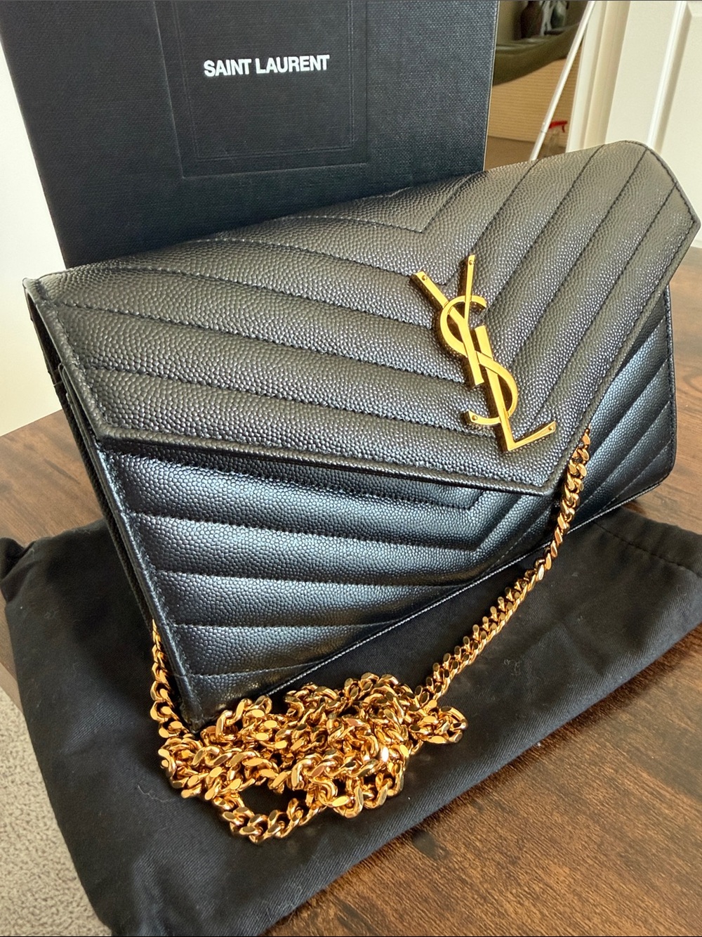 Saint Laurent Black Quilted Leather Envelope Crossbody with Gold YSL Chain - Picture 4 of 7